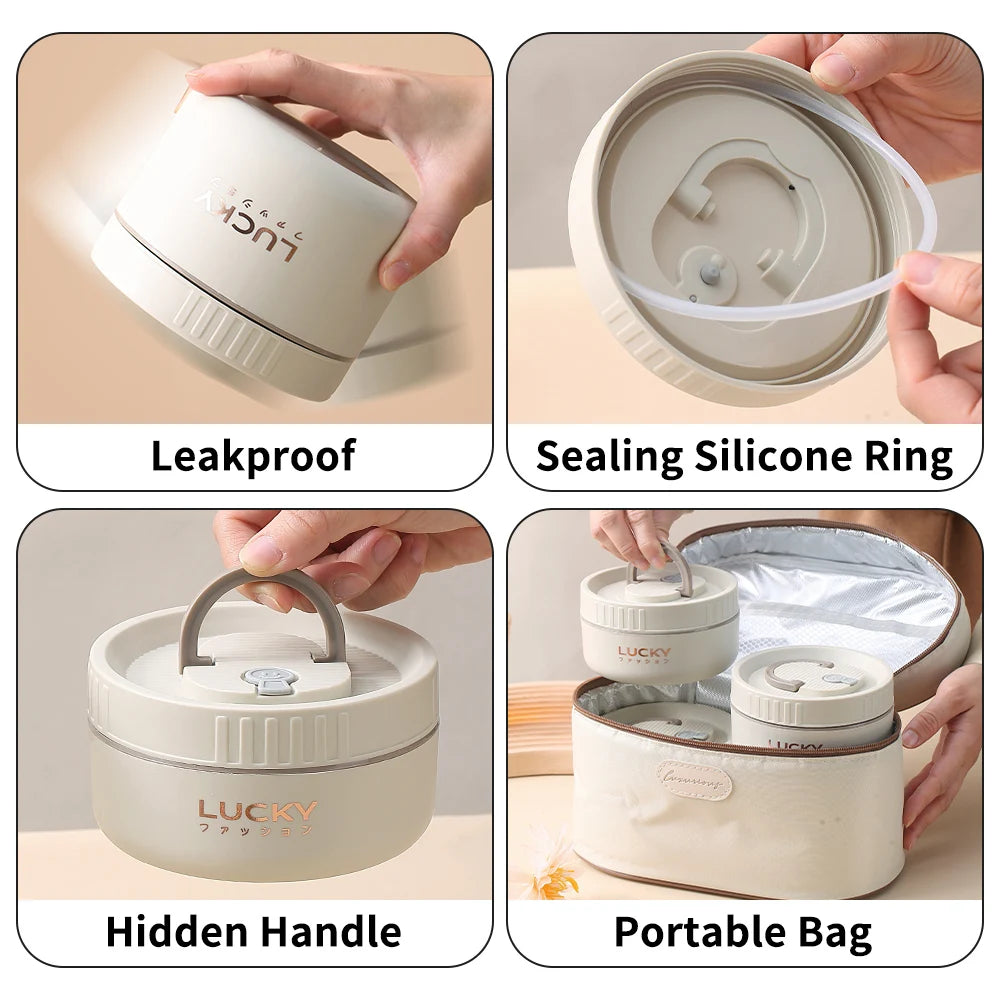 WORTHBUY Bento Lunch Box Set, Portable Keep Warm Lunch Container With Insulated Bag, 18/8 Stainless Steel Thermal Food Container